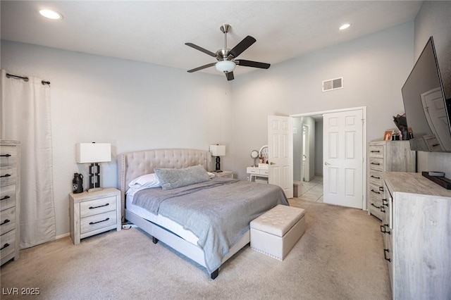 1553 Bright View Dr, Las Vegas, NV 89119 - bedroom featuring light colored carpet, recessed lighting, and a ceiling fan