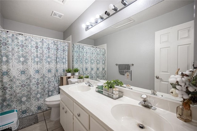 1553 Bright View Dr, Las Vegas, NV 89119 - bathroom with tile patterned floors, double vanity, and a shower with curtain