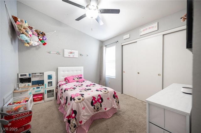 1553 Bright View Dr, Las Vegas, NV 89119 - carpeted bedroom with lofted ceiling, a closet, and ceiling fan