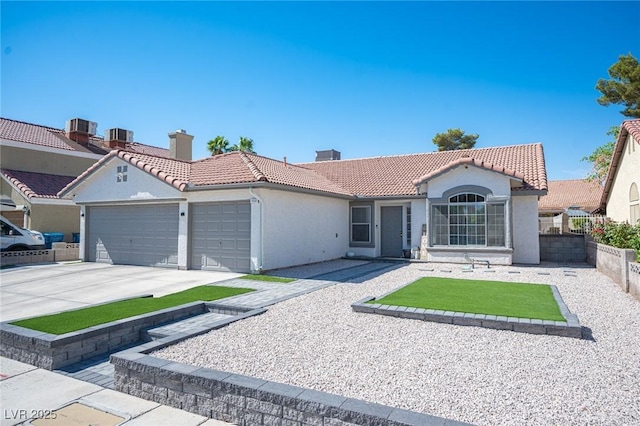 1553 Bright View Dr, Las Vegas, NV 89119 - view of front of house with a tiled roof, an attached garage, a chimney, and stucco siding