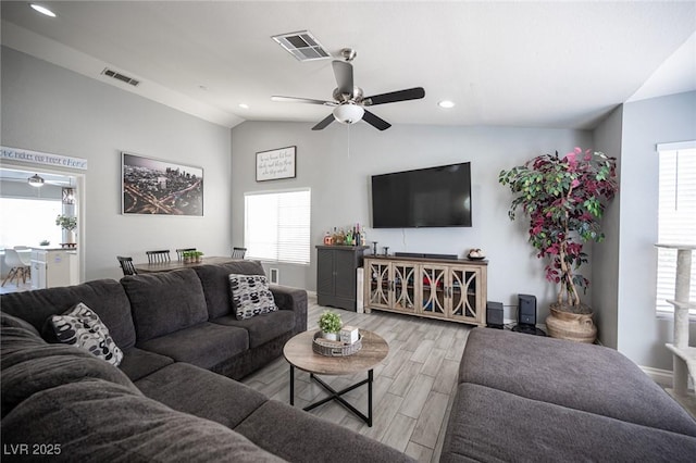 1553 Bright View Dr, Las Vegas, NV 89119 - living area featuring lofted ceiling, ceiling fan, recessed lighting, and wood finished floors