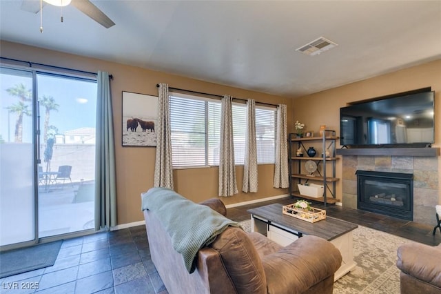 4512 Long Horse Ct, Las Vegas, NV 89147 - living area with a fireplace and ceiling fan