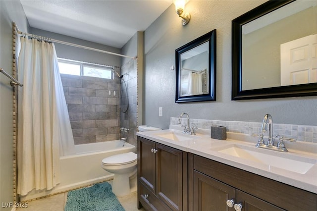 4512 Long Horse Ct, Las Vegas, NV 89147 - full bathroom featuring shower / bathtub combination with curtain, double vanity, tile patterned flooring, and decorative backsplash