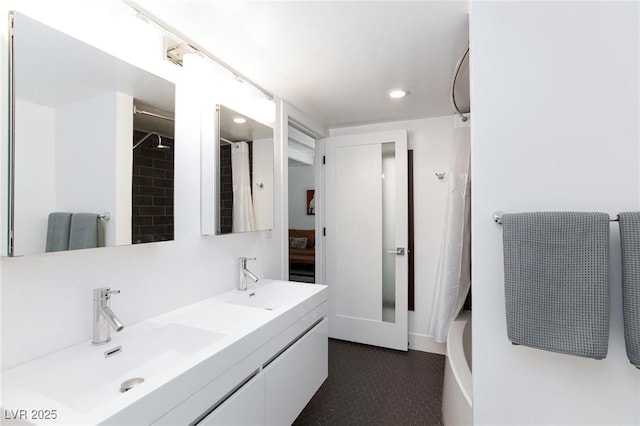 4778 Knotty Pine Way, Las Vegas, NV 89124 - bathroom featuring double vanity, recessed lighting, a shower with curtain, and a bath