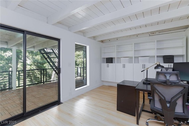 4778 Knotty Pine Way, Las Vegas, NV 89124 - home office featuring light wood-style flooring and a wooden ceiling with exposed beams