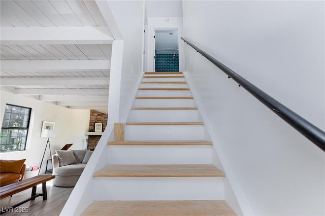 4778 Knotty Pine Way, Las Vegas, NV 89124 - stairs with a wooden ceiling with exposed beams and wood finished floors