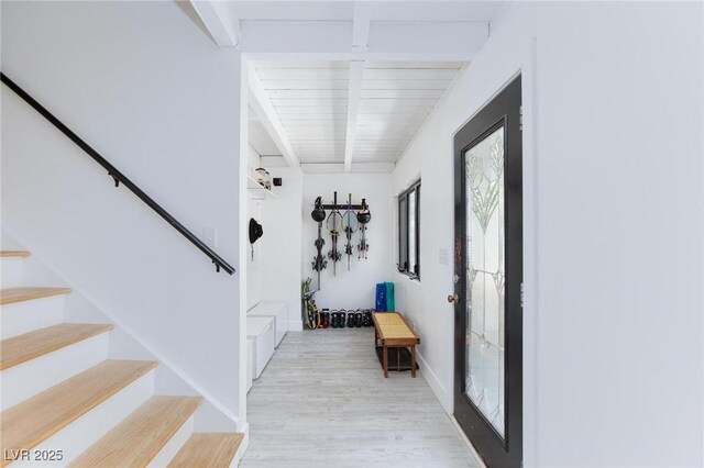 4778 Knotty Pine Way, Las Vegas, NV 89124 - hall featuring stairway, beam ceiling, and light wood finished floors