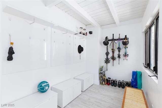 4778 Knotty Pine Way, Las Vegas, NV 89124 - mudroom with light wood-style flooring and a wood ceiling with exposed beams