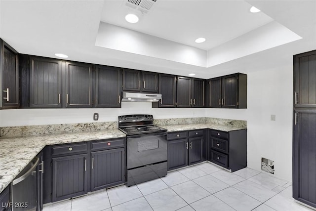 1385 Morning Sun Way, Las Vegas, NV 89110 - kitchen featuring black / electric stove, a raised ceiling, under cabinet range hood, light tile patterned flooring, and recessed lighting