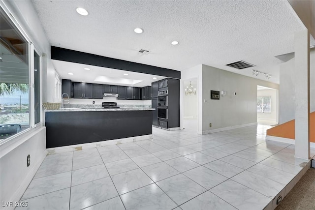1385 Morning Sun Way, Las Vegas, NV 89110 - kitchen with under cabinet range hood, plenty of natural light, dark cabinets, open floor plan, and a textured ceiling