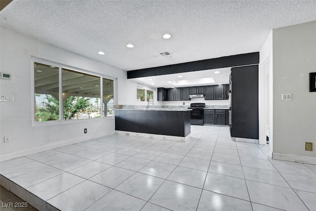 1385 Morning Sun Way, Las Vegas, NV 89110 - kitchen with range, under cabinet range hood, a textured ceiling, dark cabinets, and a peninsula