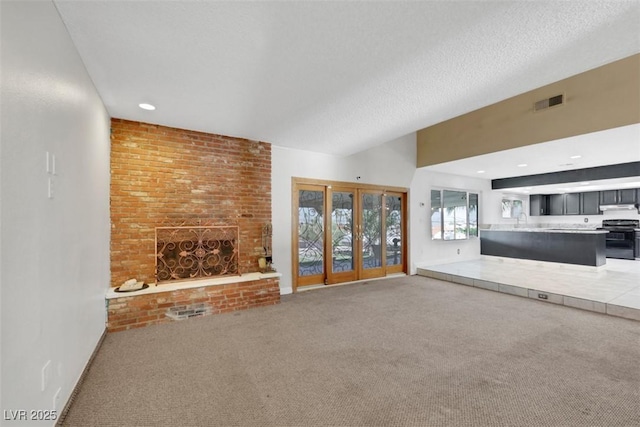 1385 Morning Sun Way, Las Vegas, NV 89110 - unfurnished living room featuring carpet flooring and a brick fireplace