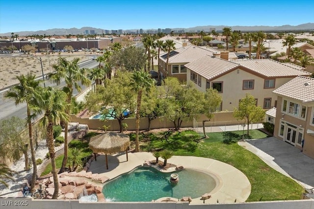 8970 Lansberry Ct, Las Vegas, NV 89147 - view of swimming pool with a residential view, a mountain view, a gazebo, and a patio