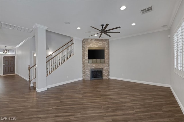 12 Golden View St, Henderson, NV 89012 - unfurnished living room with dark wood-style floors, a ceiling fan, stairway, recessed lighting, and crown molding
