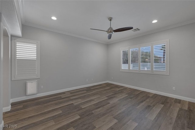 12 Golden View St, Henderson, NV 89012 - empty room with a ceiling fan, dark wood finished floors, crown molding, and recessed lighting