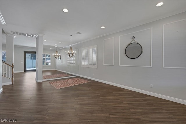 12 Golden View St, Henderson, NV 89012 - foyer entrance featuring a chandelier, dark wood finished floors, ornamental molding, recessed lighting, and stairs