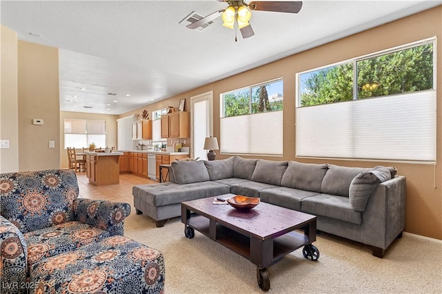 2366 Brockton Way, Henderson, NV 89074 - living area featuring ceiling fan, light colored carpet, and recessed lighting