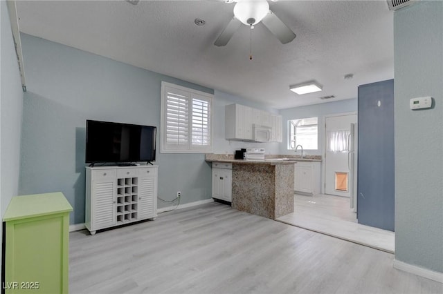 1516 Frandosa Ln, Las Vegas, NV 89117 - kitchen with white appliances, a peninsula, light wood finished floors, a textured ceiling, and a ceiling fan