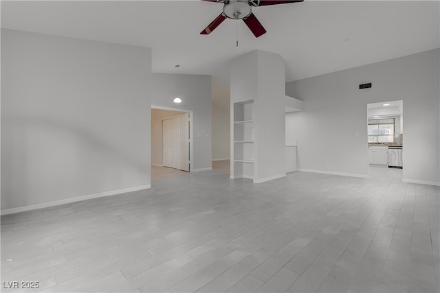1516 Frandosa Ln, Las Vegas, NV 89117 - unfurnished living room featuring ceiling fan, high vaulted ceiling, light wood-type flooring, and built in features