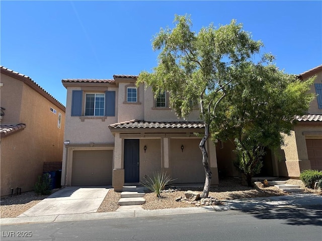 7537 Brisa Del Mar Ave, Las Vegas, NV 89179 - mediterranean / spanish-style house with stucco siding, an attached garage, a tile roof, concrete driveway, and a porch