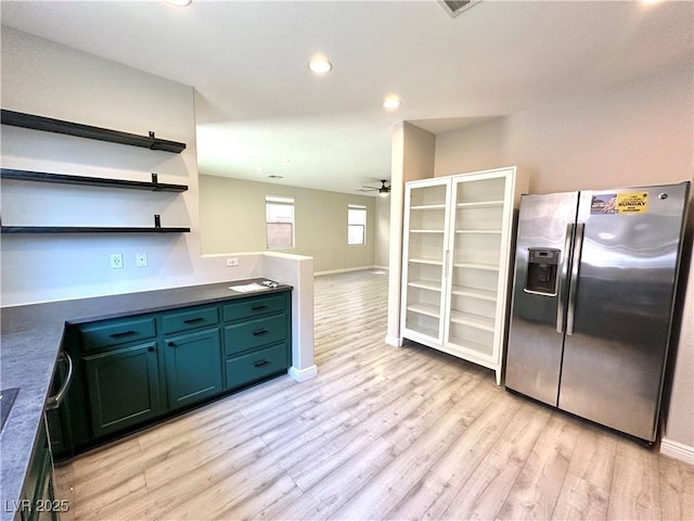7537 Brisa Del Mar Ave, Las Vegas, NV 89179 - kitchen featuring stainless steel fridge, open shelves, ceiling fan, light wood-style floors, and recessed lighting