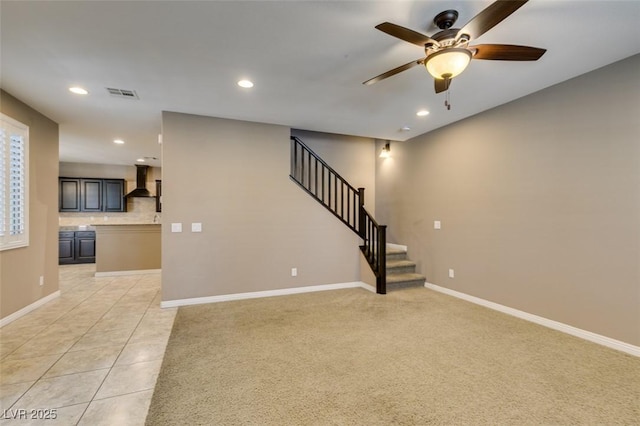 11063 Mount George St, Las Vegas, NV 89179 - unfurnished living room featuring a ceiling fan, recessed lighting, stairs, and light tile patterned floors