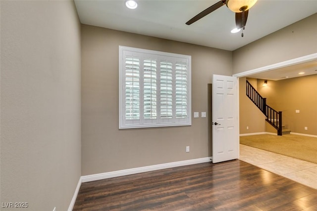 11063 Mount George St, Las Vegas, NV 89179 - empty room featuring stairs, a ceiling fan, recessed lighting, and wood finished floors