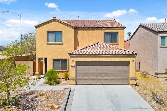 9175 Titan Hill Ct, Las Vegas, NV 89148 - view of front of home featuring driveway, a garage, a tiled roof, and stucco siding