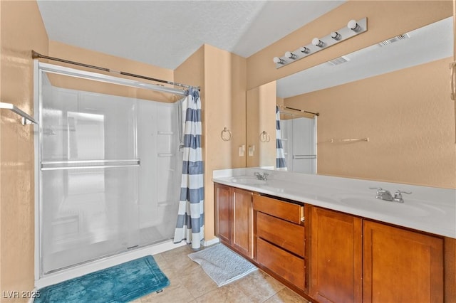 9175 Titan Hill Ct, Las Vegas, NV 89148 - full bathroom with curtained shower, tile patterned flooring, and double vanity