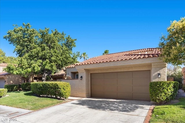 7627 Boca Raton Dr, Las Vegas, NV 89113 - mediterranean / spanish-style home featuring stucco siding, a tiled roof, a garage, and concrete driveway