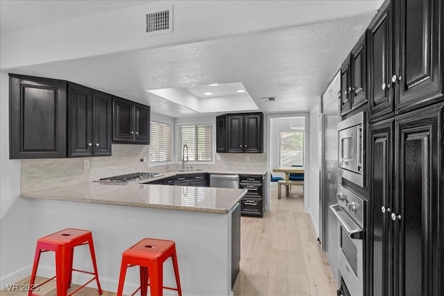 7627 Boca Raton Dr, Las Vegas, NV 89113 - kitchen with dark cabinetry, stainless steel appliances, backsplash, a raised ceiling, and light wood finished floors