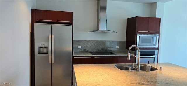 4471 Dean Martin Dr Unit 1104, Las Vegas, NV 89103 - kitchen featuring stainless steel refrigerator with ice dispenser, island exhaust hood, black electric stovetop, built in microwave, and modern cabinets