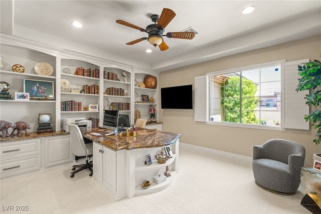 9747 Cathedral Pines Ave, Las Vegas, NV 89149 - office space with built in desk, ceiling fan, light carpet, and recessed lighting