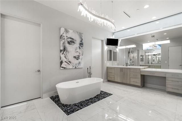 671 Scenic Rim Dr, Henderson, NV 89012 - full bath featuring a soaking tub, vanity, marble finish flooring, and recessed lighting