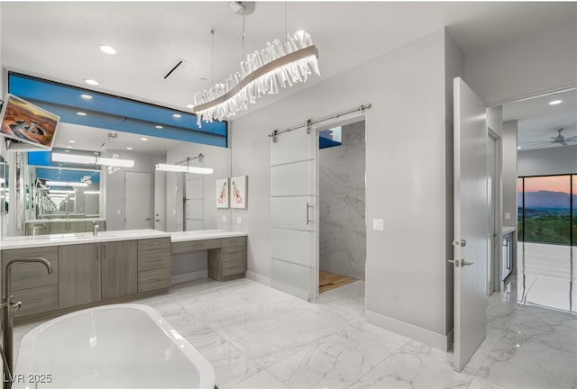 671 Scenic Rim Dr, Henderson, NV 89012 - bathroom featuring marble tiled floors, a freestanding bath, vanity, recessed lighting, and a marble finish shower