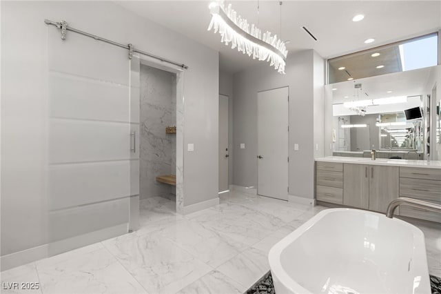 671 Scenic Rim Dr, Henderson, NV 89012 - full bathroom with a soaking tub, marble tiled floors, vanity, and recessed lighting