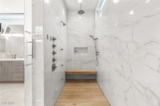 671 Scenic Rim Dr, Henderson, NV 89012 - full bathroom featuring vanity, a marble finish shower, and recessed lighting
