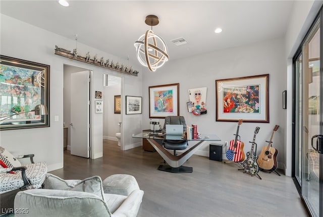 671 Scenic Rim Dr, Henderson, NV 89012 - home office featuring wood finished floors, recessed lighting, and a chandelier