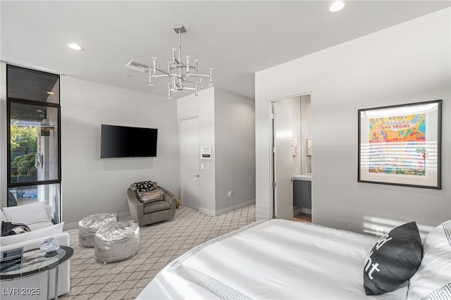671 Scenic Rim Dr, Henderson, NV 89012 - bedroom featuring carpet flooring, a chandelier, recessed lighting, and ensuite bath