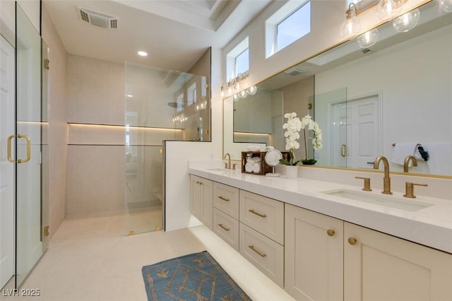 9425 Villa Ridge Dr, Las Vegas, NV 89134 - full bath featuring double vanity, a shower stall, and recessed lighting