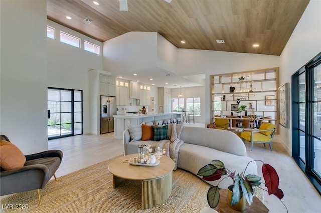 9520 Sundial Dr, Las Vegas, NV 89134 - living area featuring recessed lighting, wooden ceiling, high vaulted ceiling, and light wood-type flooring