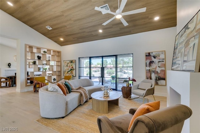 9520 Sundial Dr, Las Vegas, NV 89134 - living room featuring wooden ceiling, a ceiling fan, light wood-style flooring, recessed lighting, and high vaulted ceiling