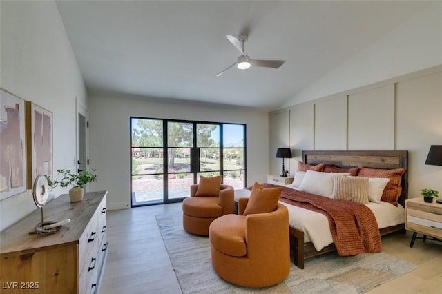 9520 Sundial Dr, Las Vegas, NV 89134 - bedroom with access to outside, light wood-style flooring, ceiling fan, and high vaulted ceiling