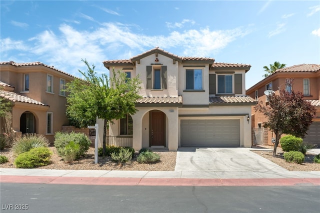 11900 Calle De Sol Dr, Las Vegas, NV 89138 - mediterranean / spanish-style home with driveway, an attached garage, stucco siding, a porch, and a tiled roof