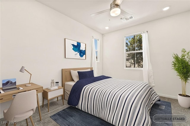 3641 Portici Ln, Henderson, NV 89044 - carpeted bedroom with an office area, a ceiling fan, and recessed lighting