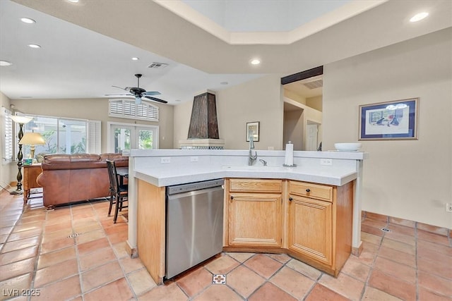 9517 Mountainair Ave, Las Vegas, NV 89134 - kitchen with stainless steel dishwasher, open floor plan, light countertops, ceiling fan, and recessed lighting