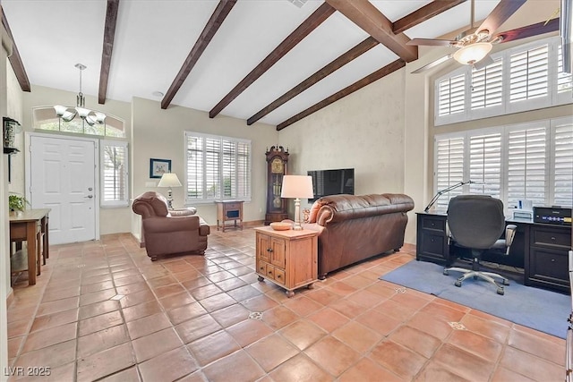 9517 Mountainair Ave, Las Vegas, NV 89134 - office area with light tile patterned flooring, a chandelier, beamed ceiling, high vaulted ceiling, and a ceiling fan