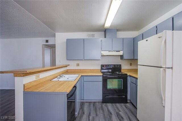 2696 Jennydiane Dr, Las Vegas, NV 89121 - kitchen with black appliances, under cabinet range hood, a peninsula, dark wood-style flooring, and blue cabinets
