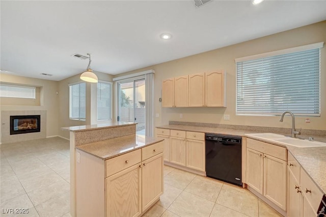 189 Paxon Hollow Ct, Las Vegas, NV 89148 - kitchen featuring black dishwasher, light brown cabinetry, light tile patterned floors, and recessed lighting