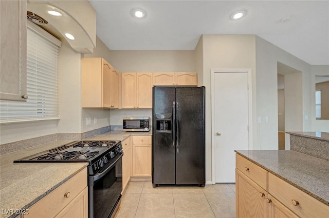 189 Paxon Hollow Ct, Las Vegas, NV 89148 - kitchen featuring black appliances, light brown cabinets, light tile patterned flooring, light countertops, and recessed lighting